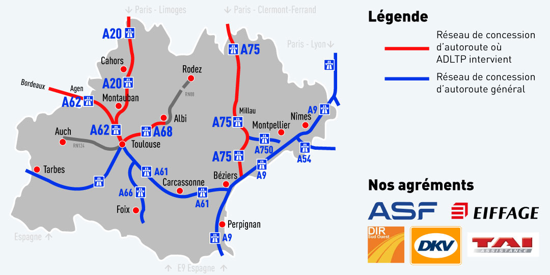 Carte de réseau d'autoroutes et agréments de l'enterprise ADLTP